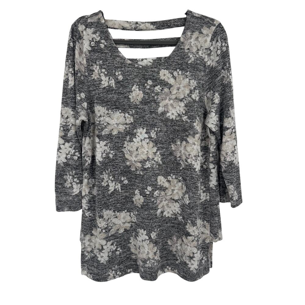 Bobeau Womens Floral Long Sleeve Gray Scoop Neck Tunic Blouse Relaxed Top XL